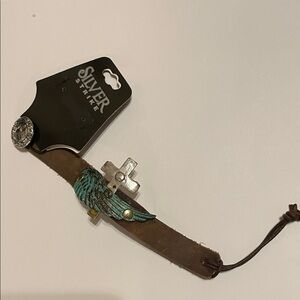 Silver Strike Leather Bracelet with Wing & Cross Accents